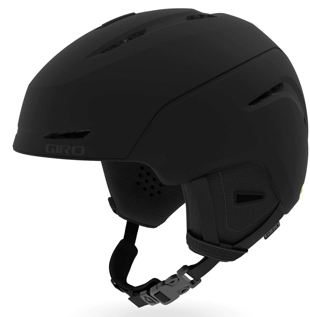 Giro Junior's Neo MIPS Helmet 2023 - A matte black helmet with a sleek, aerodynamic design and ventilation holes on top.