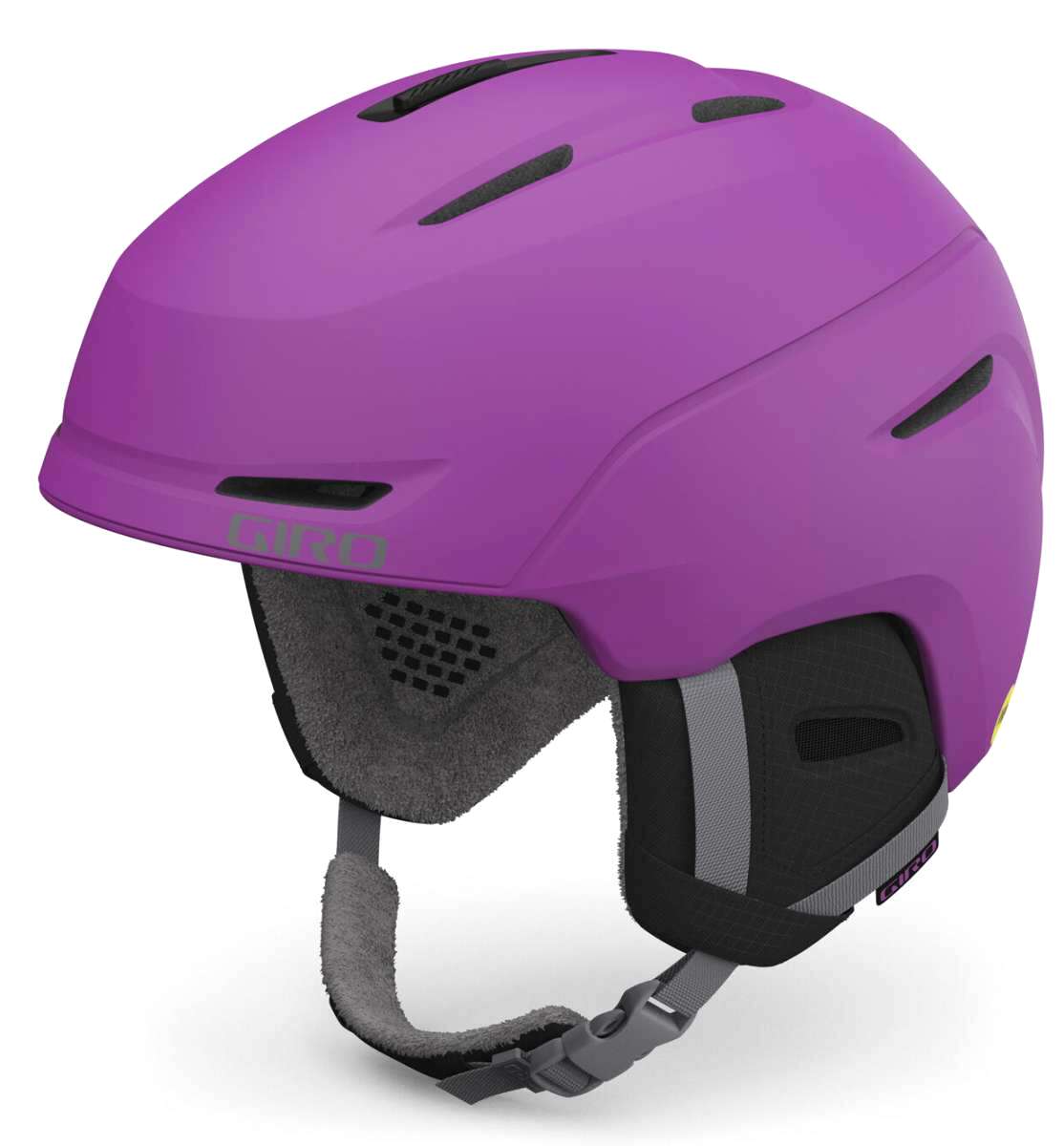 Giro Junior's Neo MIPS Helmet 2023 - A purple helmet with a black visor and gray straps.