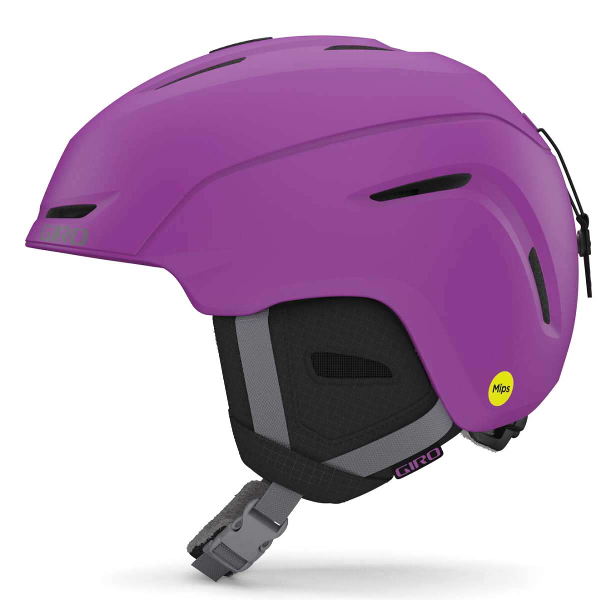Giro Junior's Neo MIPS Helmet 2023 - A purple helmet with a black chin strap and gray padding on the inside.