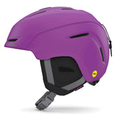 Giro Junior's Neo MIPS Helmet 2023 - A purple helmet with a black chin strap and gray padding on the inside.