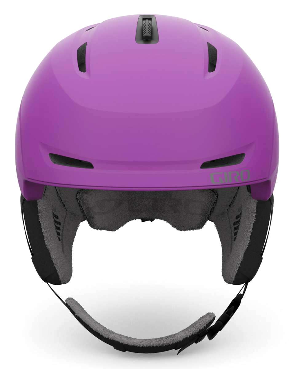 Giro Junior's Neo MIPS Helmet 2023 - A purple helmet with a black chin strap and white logo on the front.