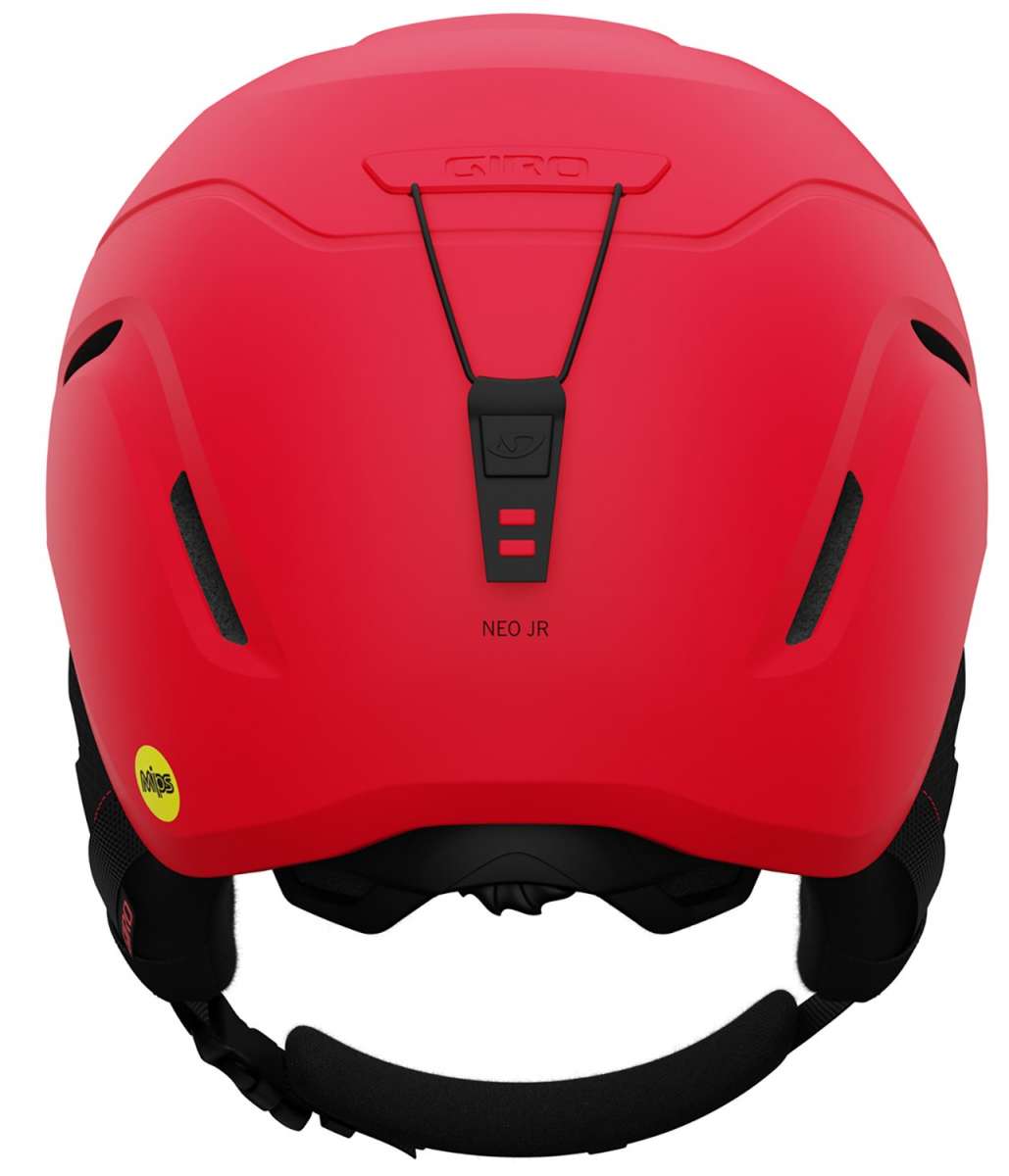 Giro Junior's Neo MIPS Helmet 2023 - A red helmet with a black chin strap and white logo on the side.