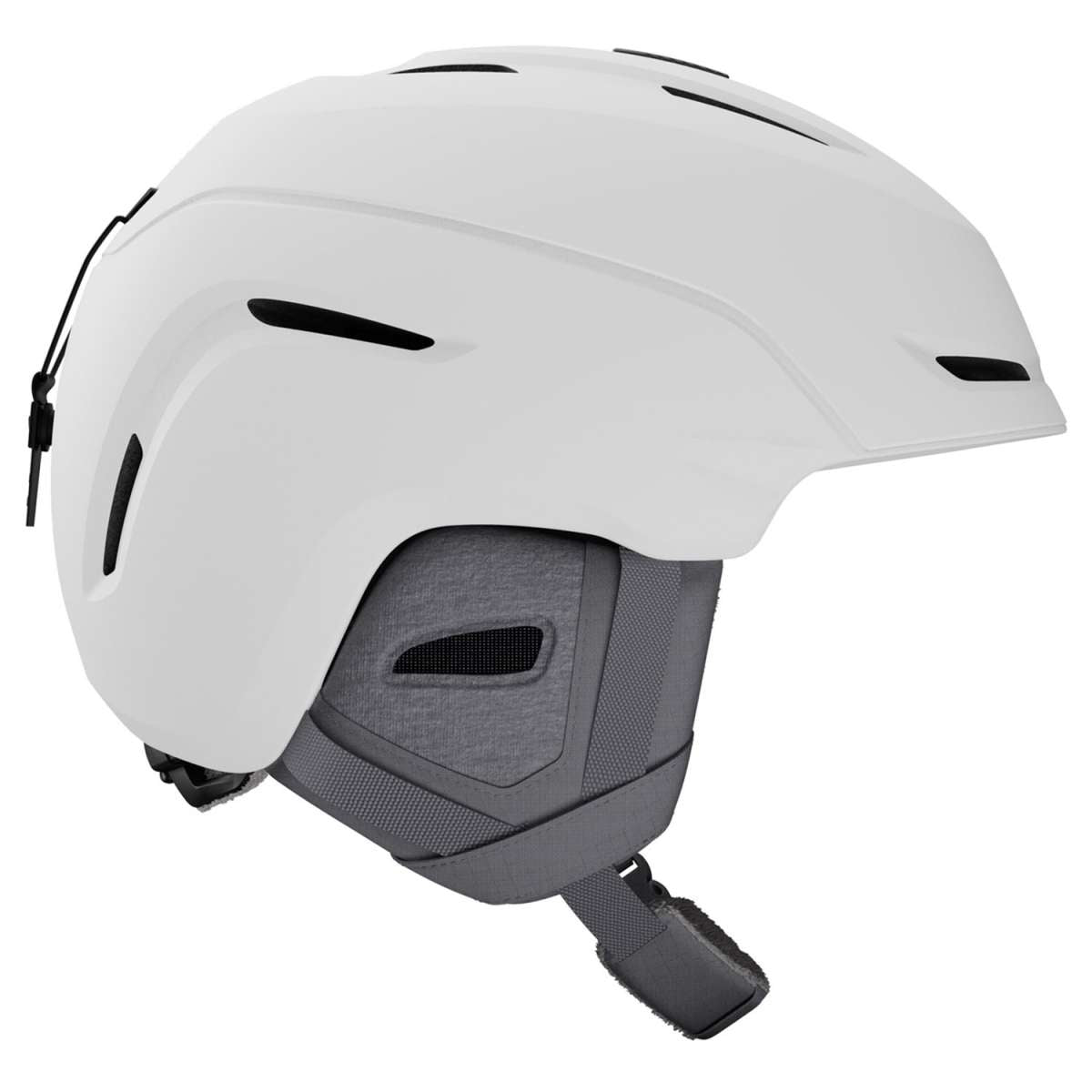 Giro Junior's Neo MIPS Helmet 2023 - A white helmet with a black strap and a gray logo on the side.