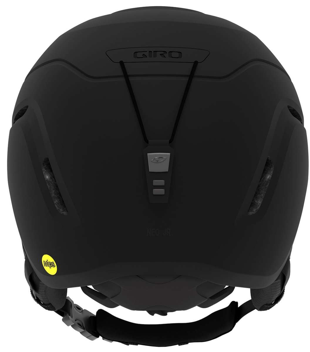 Giro Junior's Neo MIPS Helmet 2023 - A matte black helmet with a sleek, aerodynamic design and a prominent "GIRO" logo on top.