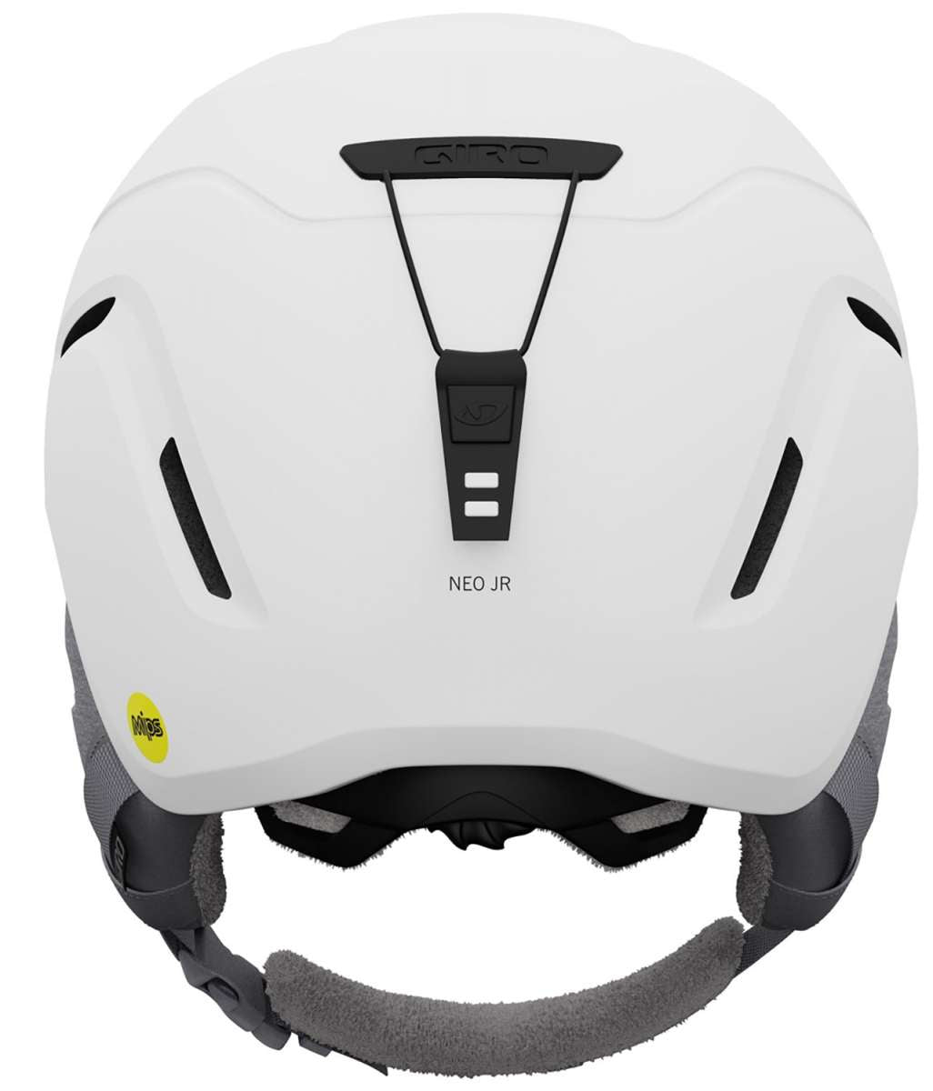 Giro Junior's Neo MIPS Helmet 2023 - A white helmet with a black strap and buckle on top, featuring a gray logo on the side.