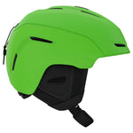 Giro Junior's Neo MIPS Helmet 2023 - A lime green helmet with a black visor and chin strap, featuring a sleek design with vents on top.