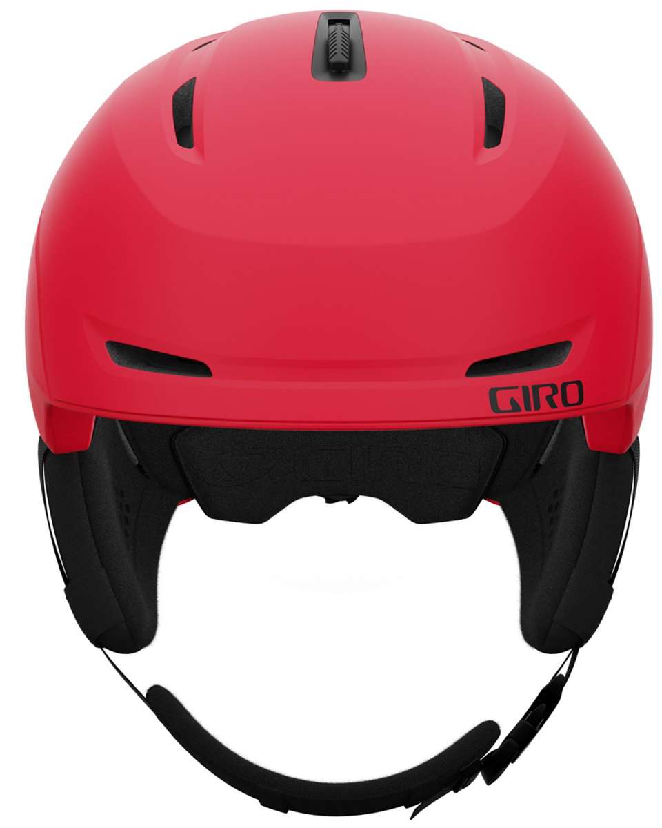 Giro Junior's Neo MIPS Helmet 2023 - A red helmet with a black visor and white accents on the side, viewed from the front.