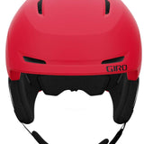 Giro Junior's Neo MIPS Helmet 2023 - A red helmet with a black visor and white accents on the side, viewed from the front.