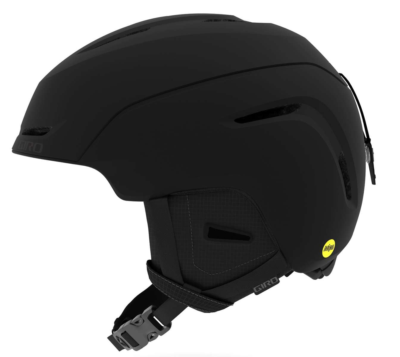 Giro Junior's Neo MIPS Helmet 2023 - A black helmet with a sleek, aerodynamic design and a prominent yellow MIPS sticker on the side.