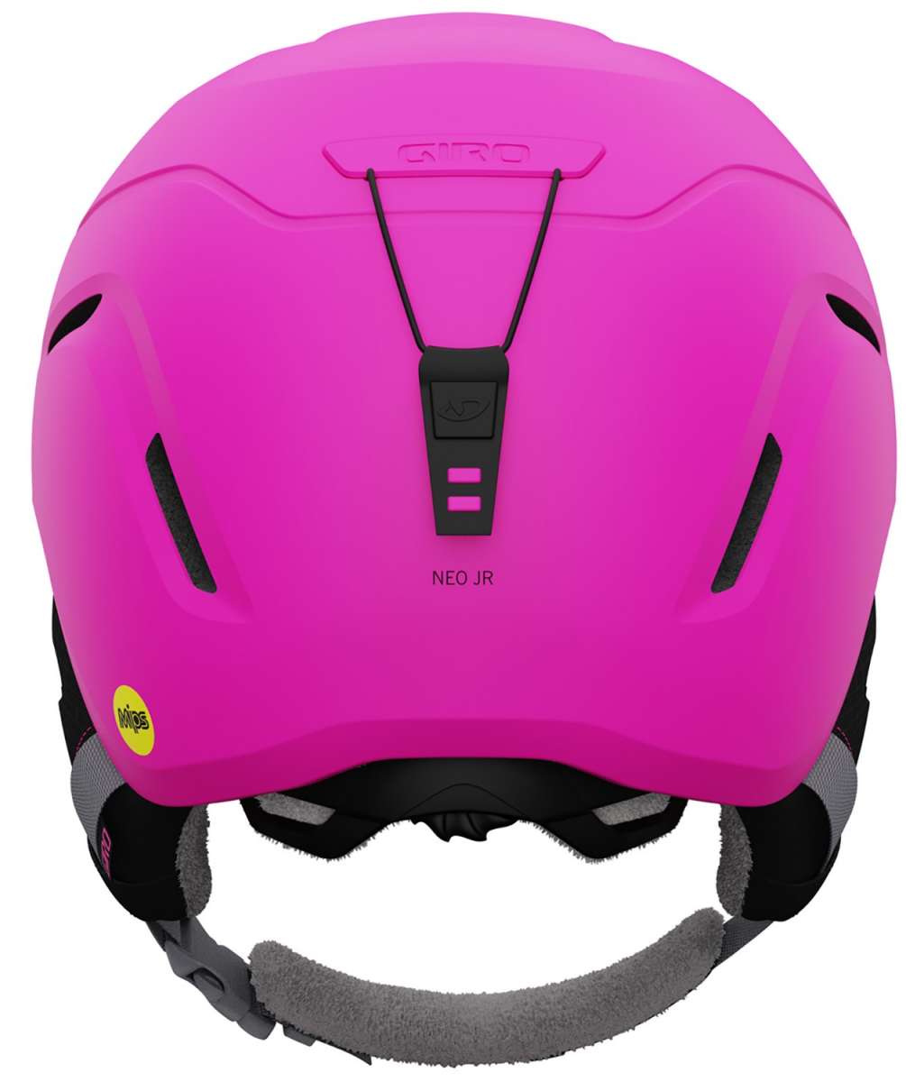 Giro Junior's Neo MIPS Helmet 2023 - A bright pink helmet with a black chin strap and dark gray padding on the inside.