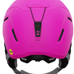 Giro Junior's Neo MIPS Helmet 2023 - A bright pink helmet with a black chin strap and dark gray padding on the inside.