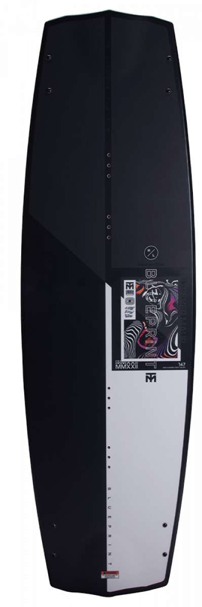 Hyperlite Trever Maur Blueprint Wakeboard 2022 - A black wakeboard with a white logo and blue accents on the top sheet.