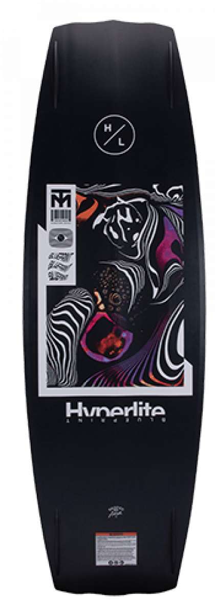 Hyperlite Trever Maur Blueprint Wakeboard 2022 - A black wakeboard with a white and purple abstract design on top.