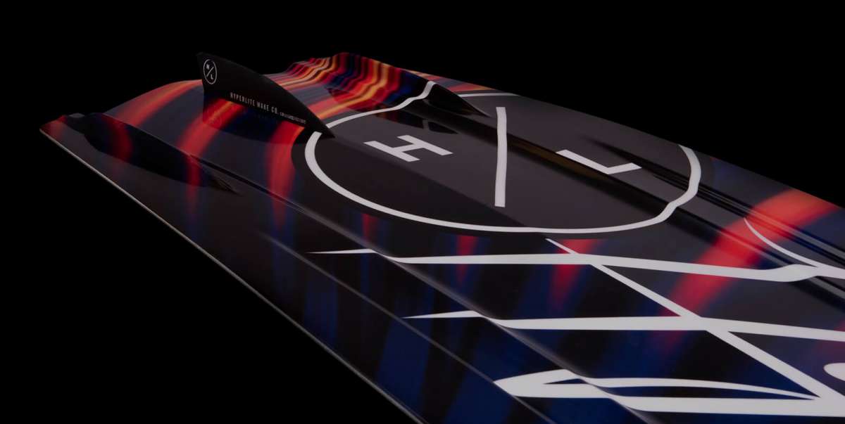 Hyperlite Junior's Eden 2.0 Wakeboard 2022 - A black wakeboard with a white logo and red, blue, and yellow accents.