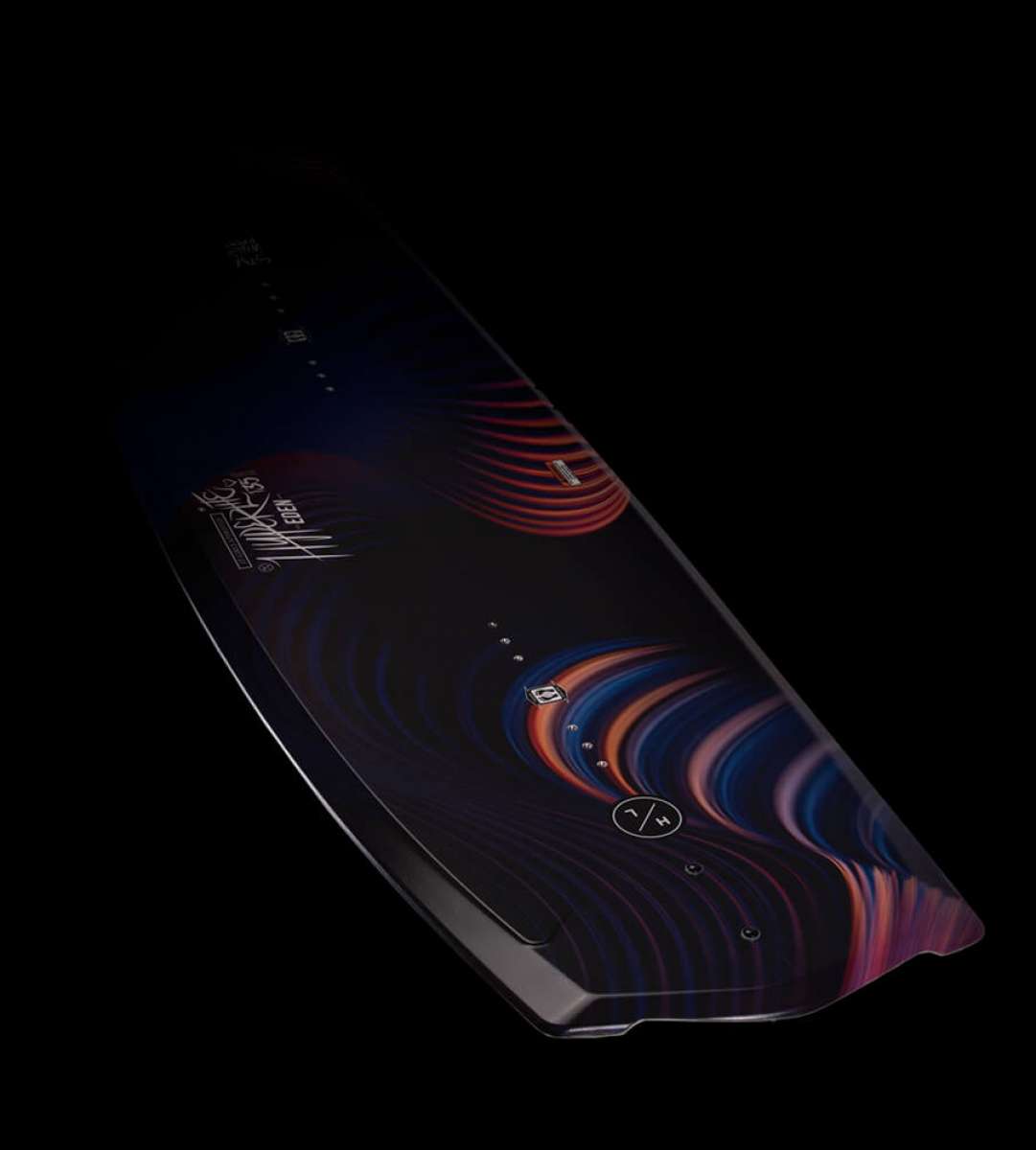 Hyperlite Junior's Eden 2.0 Wakeboard 2022 - A black wakeboard with a white logo and red, blue, and yellow accents.