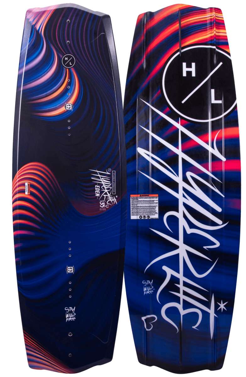 Hyperlite Junior's Eden 2.0 Wakeboard 2022 - A navy blue wakeboard with a red and orange swirl pattern on top, featuring white lettering that reads "Hyperlite" and "Eden".