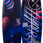 Hyperlite Junior's Eden 2.0 Wakeboard 2022 - A navy blue wakeboard with a red and orange swirl pattern on top, featuring white lettering that reads "Hyperlite" and "Eden".
