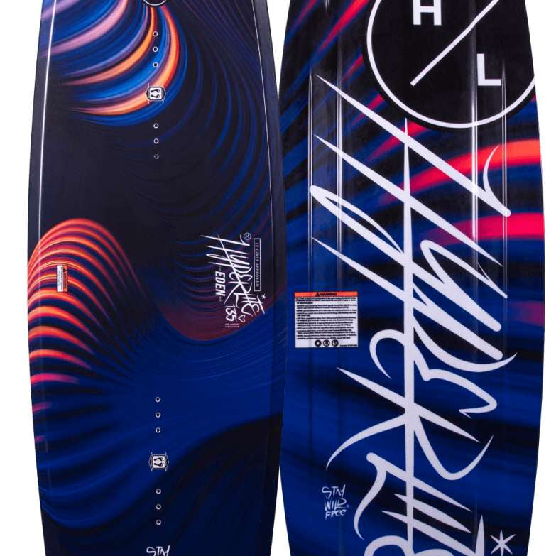 Hyperlite Junior's Eden 2.0 Wakeboard 2022 - A navy blue wakeboard with a red and orange swirl pattern on top, featuring white lettering that reads "Hyperlite" and "Eden".