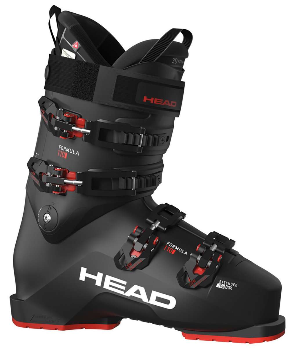 Head Formula 110 Ski Boots 2023 - Black ski boots with red accents and buckles, featuring a Formula logo on the side.
