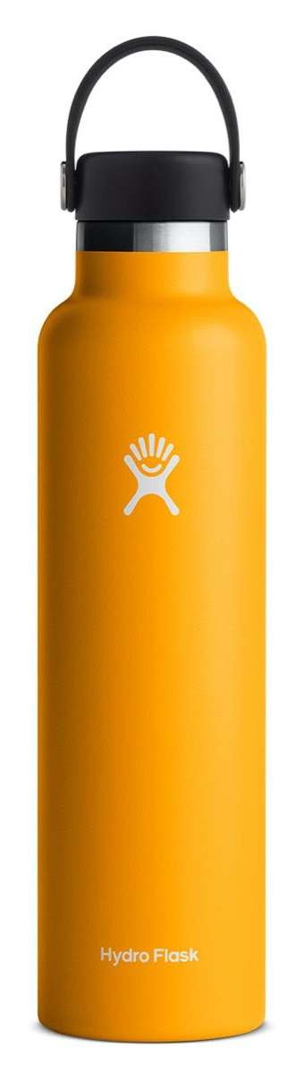 Hydro Flask - A water bottle with a standard mouth opening, featuring a screw-on lid and a cylindrical shape. The bottle is made of double-walled insulated stainless steel in a silver color.