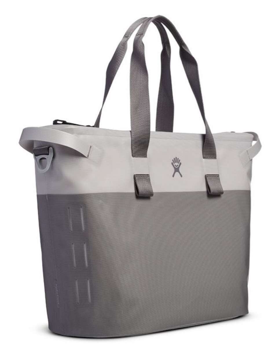 Hydro Flask 26L Day Escape Soft Cooler Tote - A large, gray cooler bag with a zippered top and two long handles.