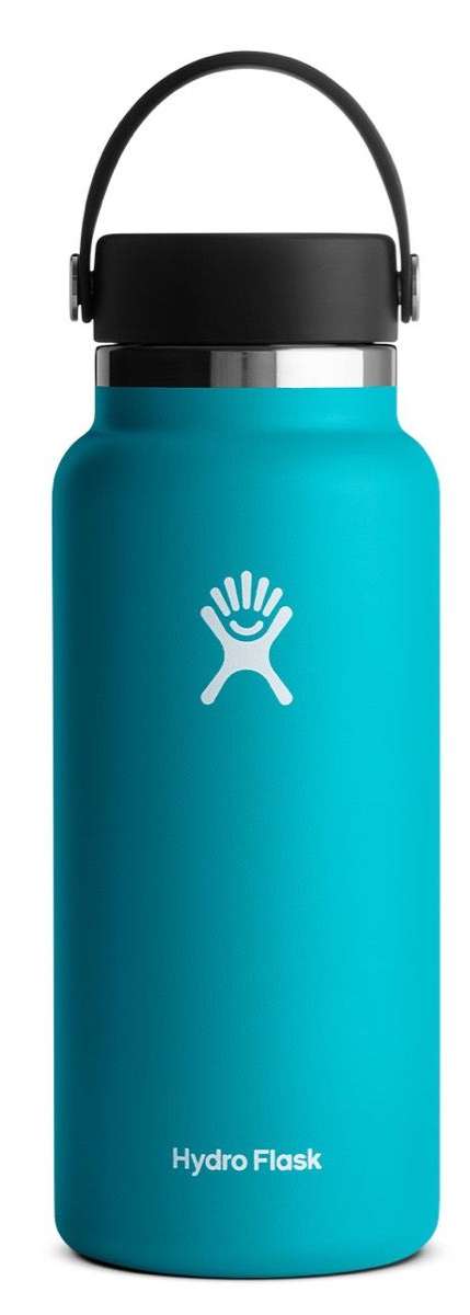 Hydro Flask - A wide-mouthed water bottle with a screw-on lid, featuring a silver-colored finish and a handle on top.