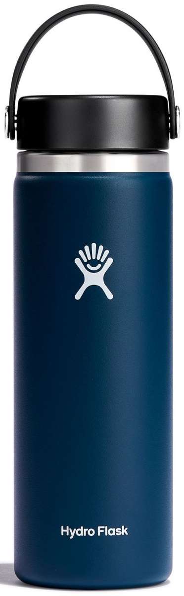 Hydro Flask 20oz Wide Mouth Water Bottle - A dark blue water bottle with a wide mouth and black lid, featuring a white logo on the front.