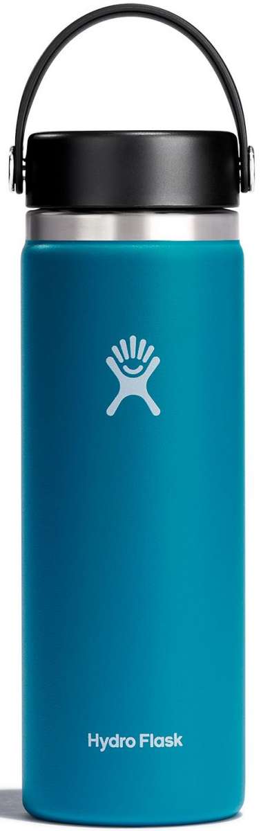 Hydro Flask - A wide mouth water bottle with a screw-on lid, featuring a turquoise color and a white logo on the front.