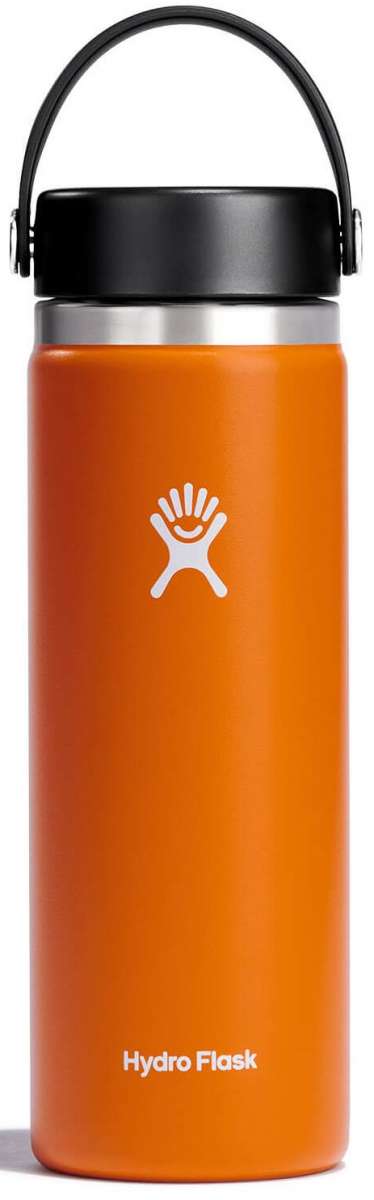 Hydro Flask - A wide-mouth water bottle with a screw-on lid, featuring a silver band around its middle and a black handle on top.