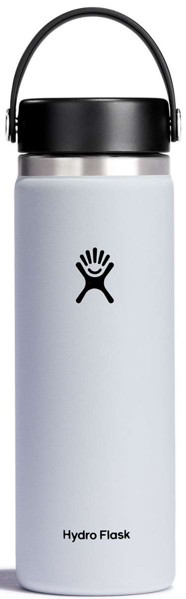 Hydro Flask - A white water bottle with a black lid, featuring a wide mouth opening and a handle on top.