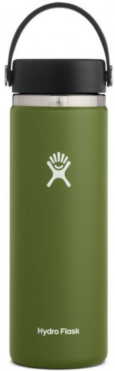 Hydro Flask - A green water bottle with a wide mouth and black handle on top.