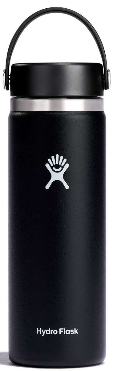 Hydro Flask - A black water bottle with a wide mouth and a handle on top, featuring a white logo at the bottom.