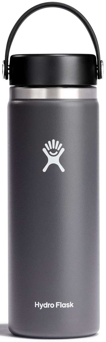 Hydro Flask - A gray water bottle with a wide mouth and black lid, featuring a white logo on the front.