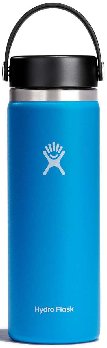 Hydro Flask - A blue water bottle with a black lid, featuring a wide mouth opening and a handle on top.