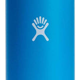 Hydro Flask - A blue water bottle with a black lid, featuring a wide mouth opening and a handle on top.