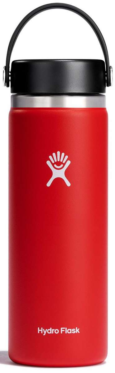 Hydro Flask - A red water bottle with a black lid, featuring a wide mouth opening and a handle on top.