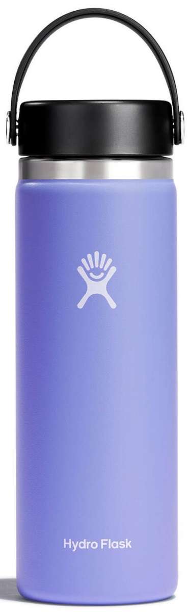 Hydro Flask - A wide-mouth water bottle with a screw-on lid, featuring a stainless steel body and a clear plastic cap.