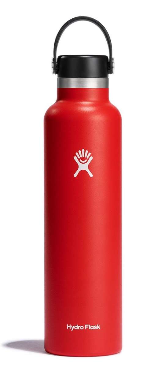 Hydro Flask - A red water bottle with a black lid, featuring a white logo on the front.