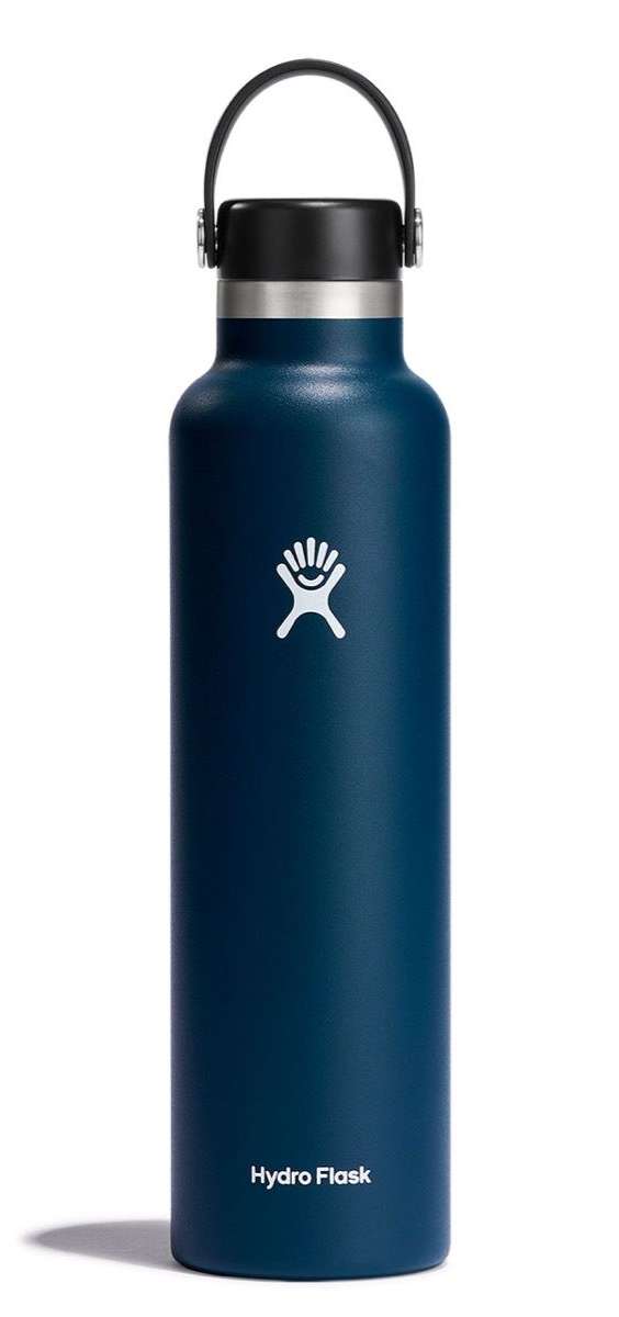 Hydro Flask - A dark blue water bottle with a black lid, featuring a standard mouth opening and a handle on top.