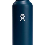 Hydro Flask - A dark blue water bottle with a black lid, featuring a standard mouth opening and a handle on top.
