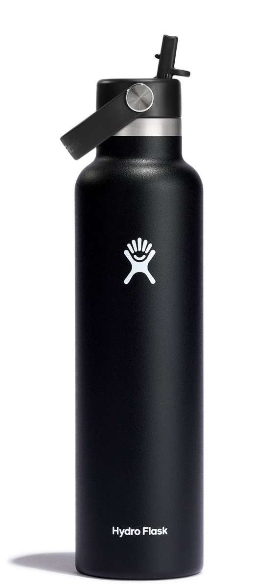 Hydro Flask - A black water bottle with a straw lid, featuring a white logo on the front.