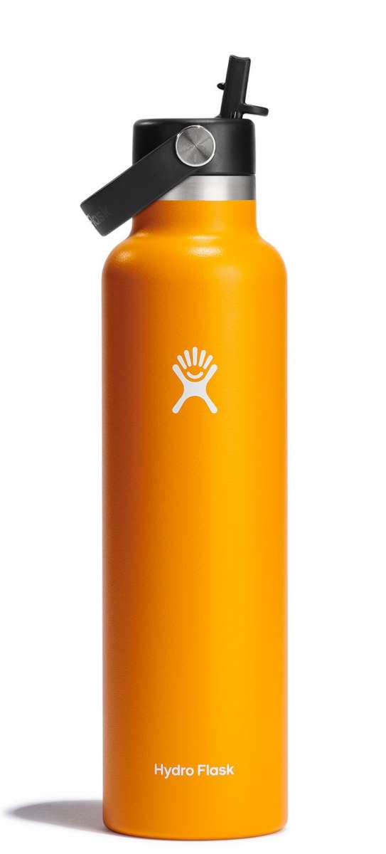 Hydro Flask 24oz Standard With Straw Lid - A yellow water bottle with a black straw lid and silver band around the top.