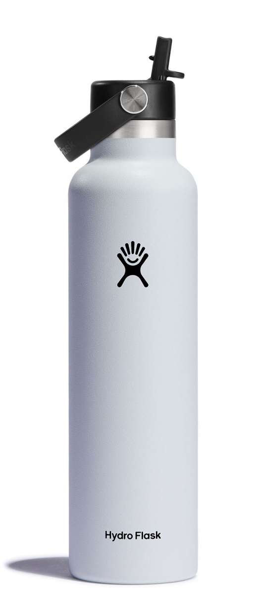 Hydro Flask - A white water bottle with a black straw lid, featuring a circular logo on the side.