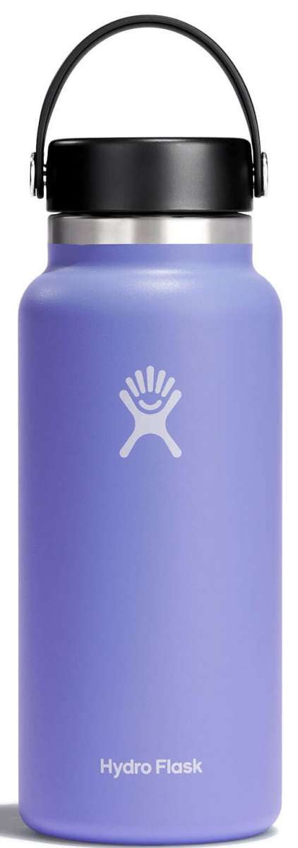 Hydro Flask - A wide-mouth water bottle with a screw-on lid, featuring a silver finish and a black handle on top.