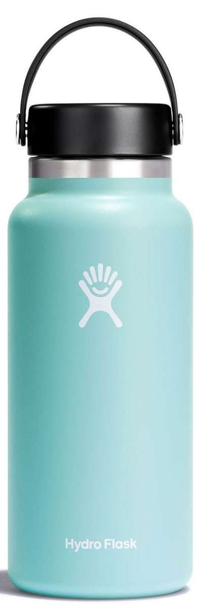 Hydro Flask - A wide mouth water bottle with a screw-on lid, in a light blue color.