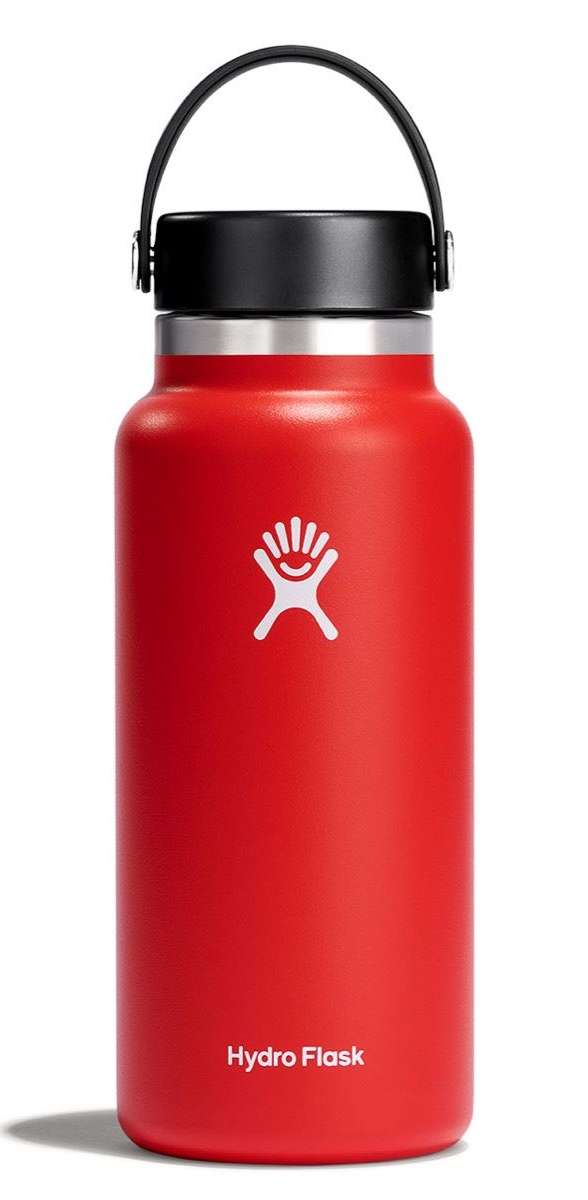 Hydro Flask - A red water bottle with a black lid, featuring a white logo on the front.
