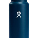 Hydro Flask - A dark blue water bottle with a black lid, featuring a wide mouth opening and a handle on top.