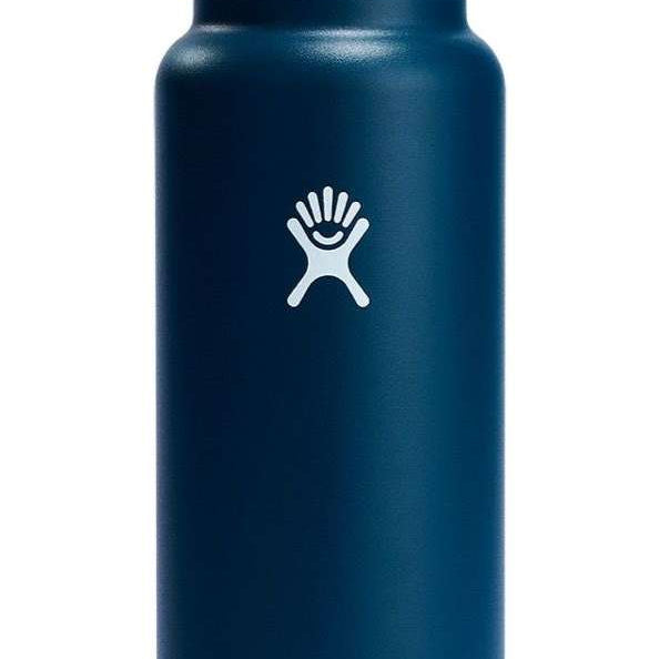 Hydro Flask - A dark blue water bottle with a black lid, featuring a wide mouth opening and a handle on top.