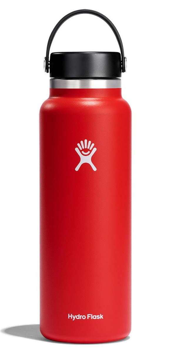 Hydro Flask - A red water bottle with a black lid, featuring a wide mouth opening and a white logo on the front.