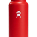 Hydro Flask - A red water bottle with a black lid, featuring a wide mouth opening and a white logo on the front.